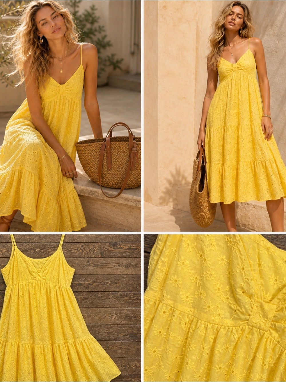 Aqua Yellow Eyelet Tiered Midi Dress